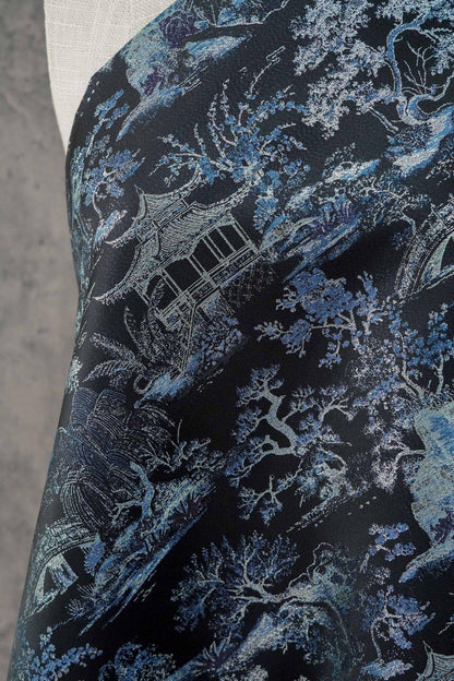 Black Blue Pavilion Landscape Song Brocade Fabric, Yarn-Dyed Jacquard Textile for Qipao, Jackets, Bags, Decor and Sewing, 59"Wide