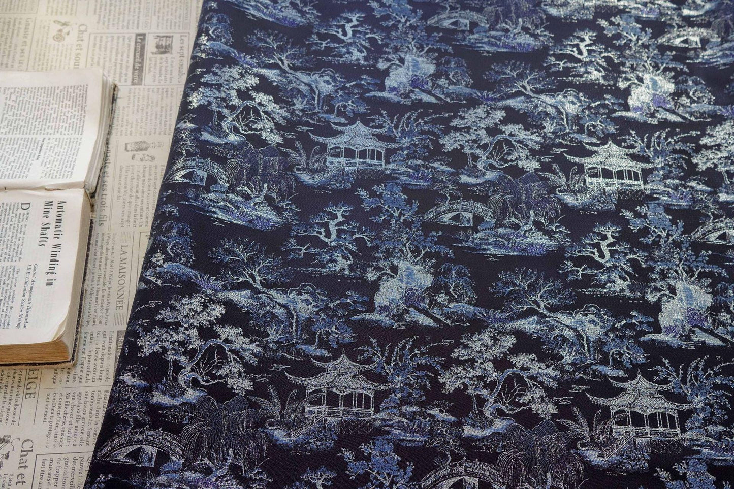 Black Blue Pavilion Landscape Song Brocade Fabric, Yarn-Dyed Jacquard Textile for Qipao, Jackets, Bags, Decor and Sewing, 59"Wide