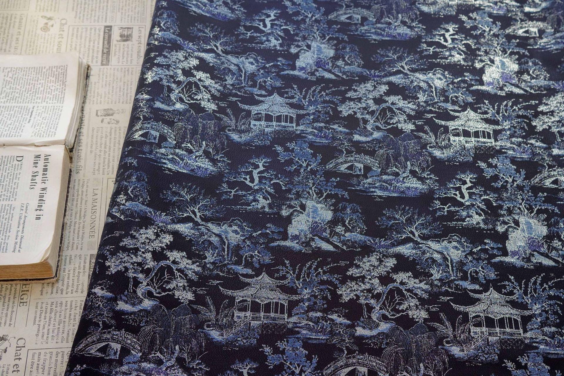 Black Blue Pavilion Landscape Song Brocade Fabric, Yarn-Dyed Jacquard Textile for Qipao, Jackets, Bags, Decor and Sewing, 59"Wide