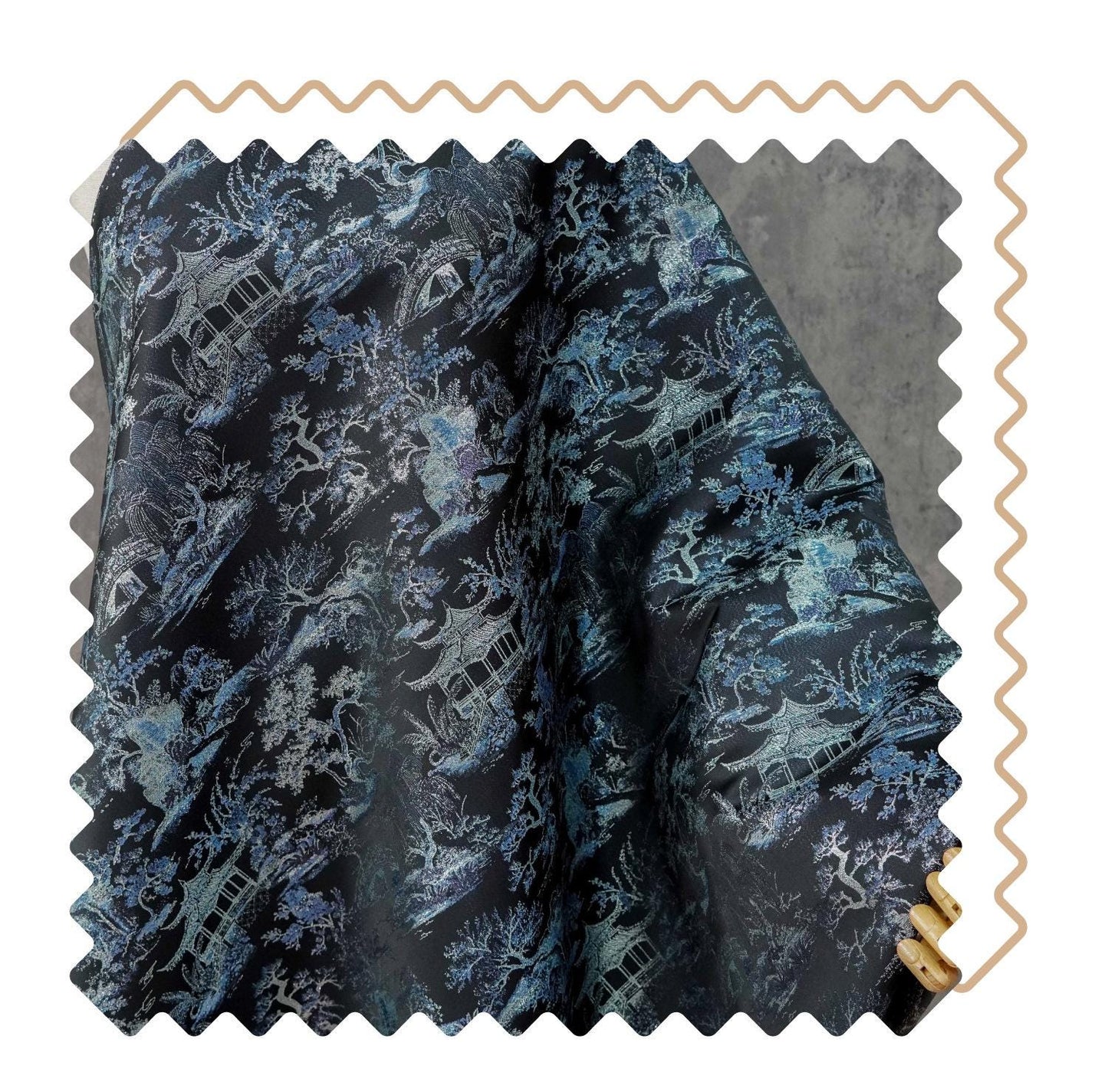 Black Blue Pavilion Landscape Song Brocade Fabric, Yarn-Dyed Jacquard Textile for Qipao, Jackets, Bags, Decor and Sewing, 59"Wide