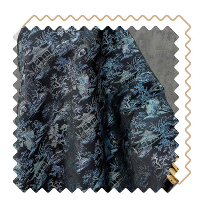 Black Blue Pavilion Landscape Song Brocade Fabric, Yarn-Dyed Jacquard Textile for Qipao, Jackets, Bags, Decor and Sewing, 59"Wide
