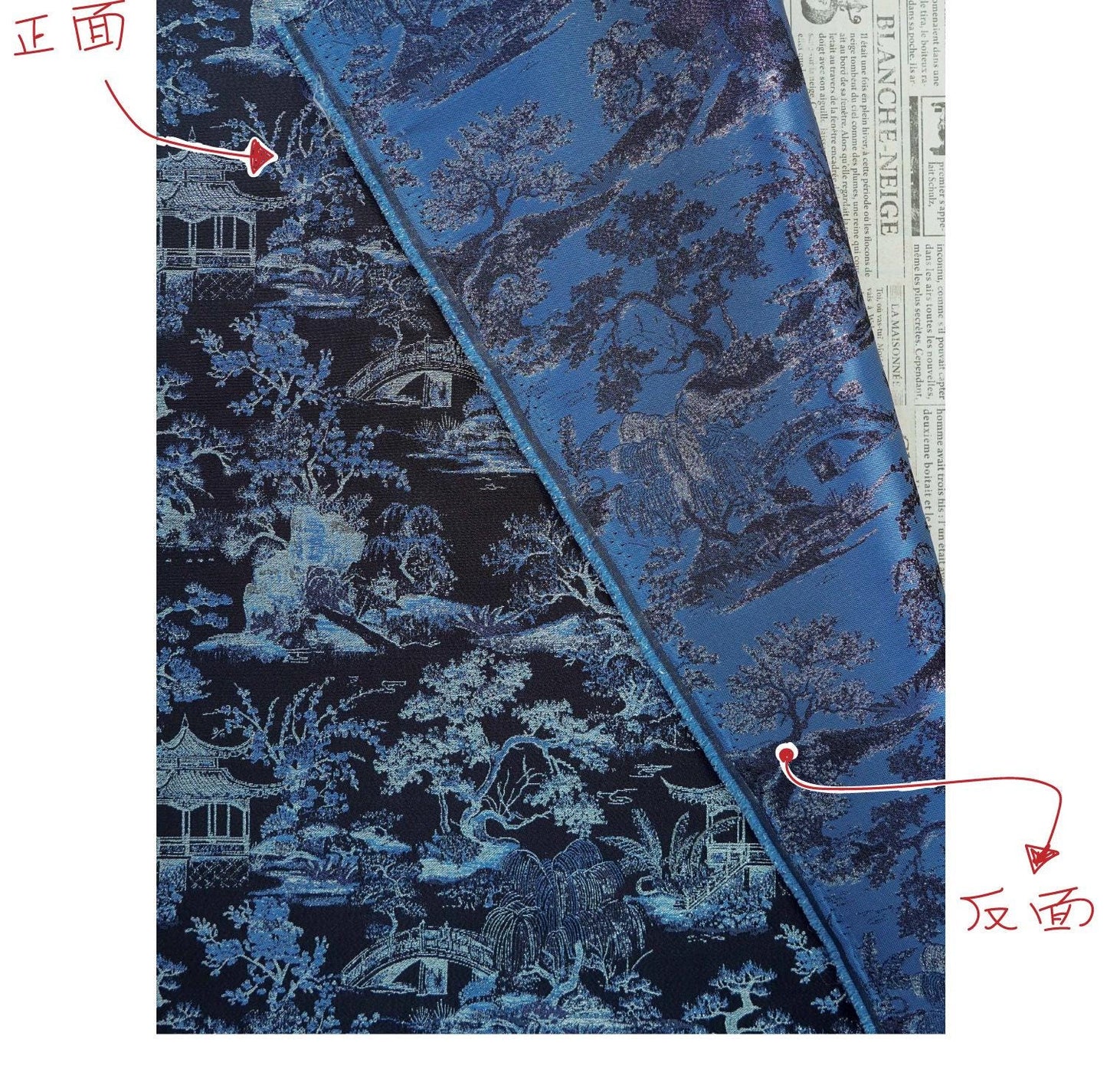 Black Blue Pavilion Landscape Song Brocade Fabric, Yarn-Dyed Jacquard Textile for Qipao, Jackets, Bags, Decor and Sewing, 59"Wide