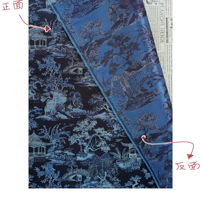 Black Blue Pavilion Landscape Song Brocade Fabric, Yarn-Dyed Jacquard Textile for Qipao, Jackets, Bags, Decor and Sewing, 59"Wide