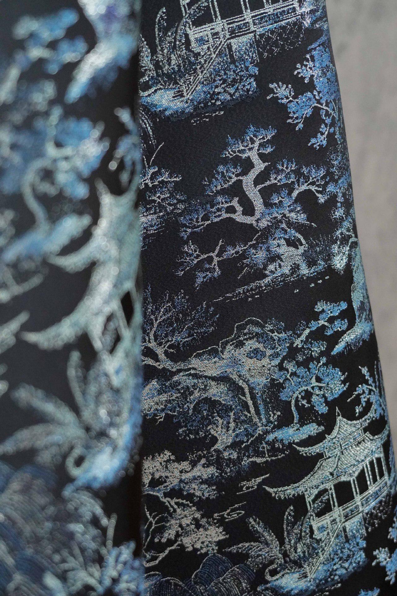 Black Blue Pavilion Landscape Song Brocade Fabric, Yarn-Dyed Jacquard Textile for Qipao, Jackets, Bags, Decor and Sewing, 59"Wide
