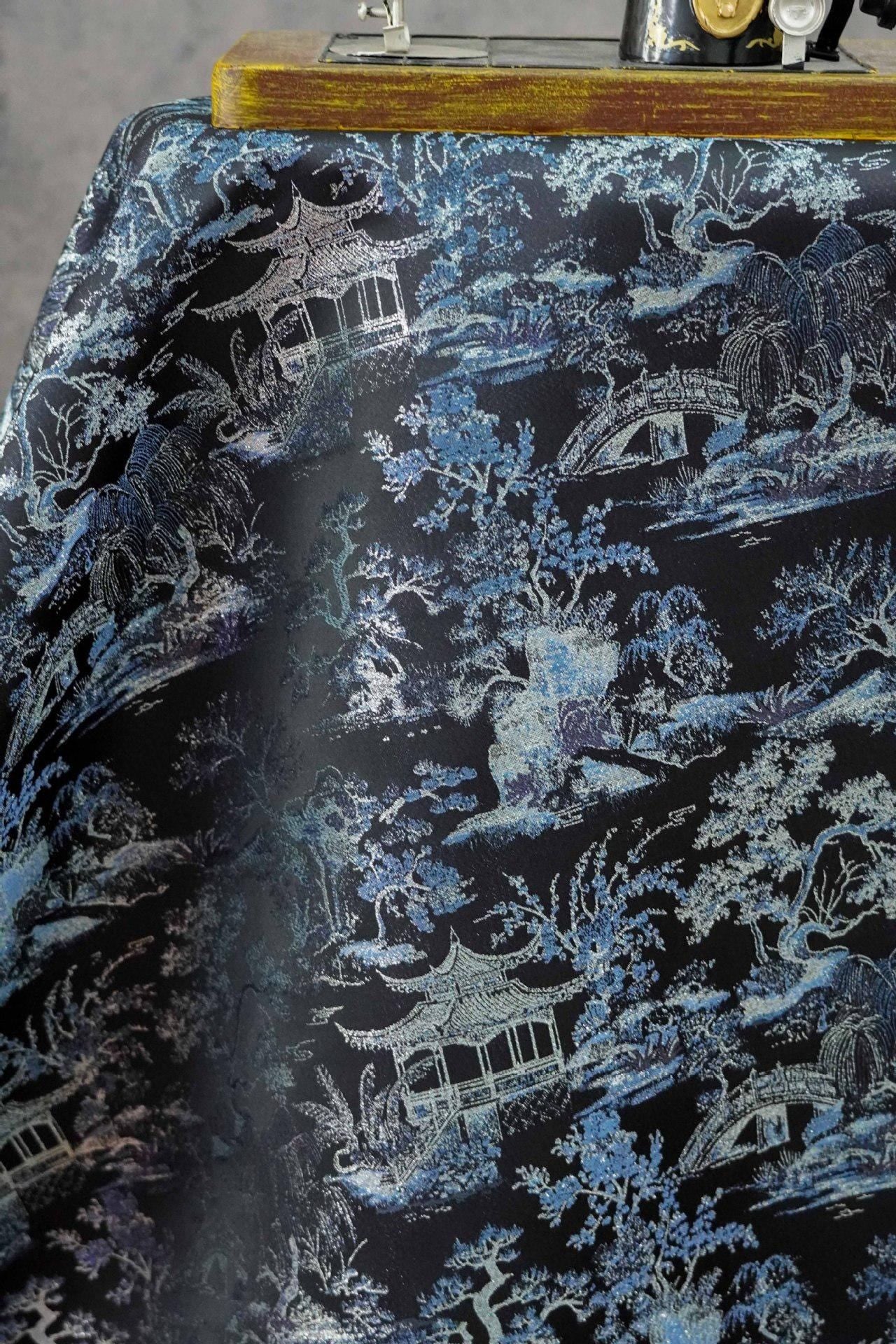 Black Blue Pavilion Landscape Song Brocade Fabric, Yarn-Dyed Jacquard Textile for Qipao, Jackets, Bags, Decor and Sewing, 59"Wide