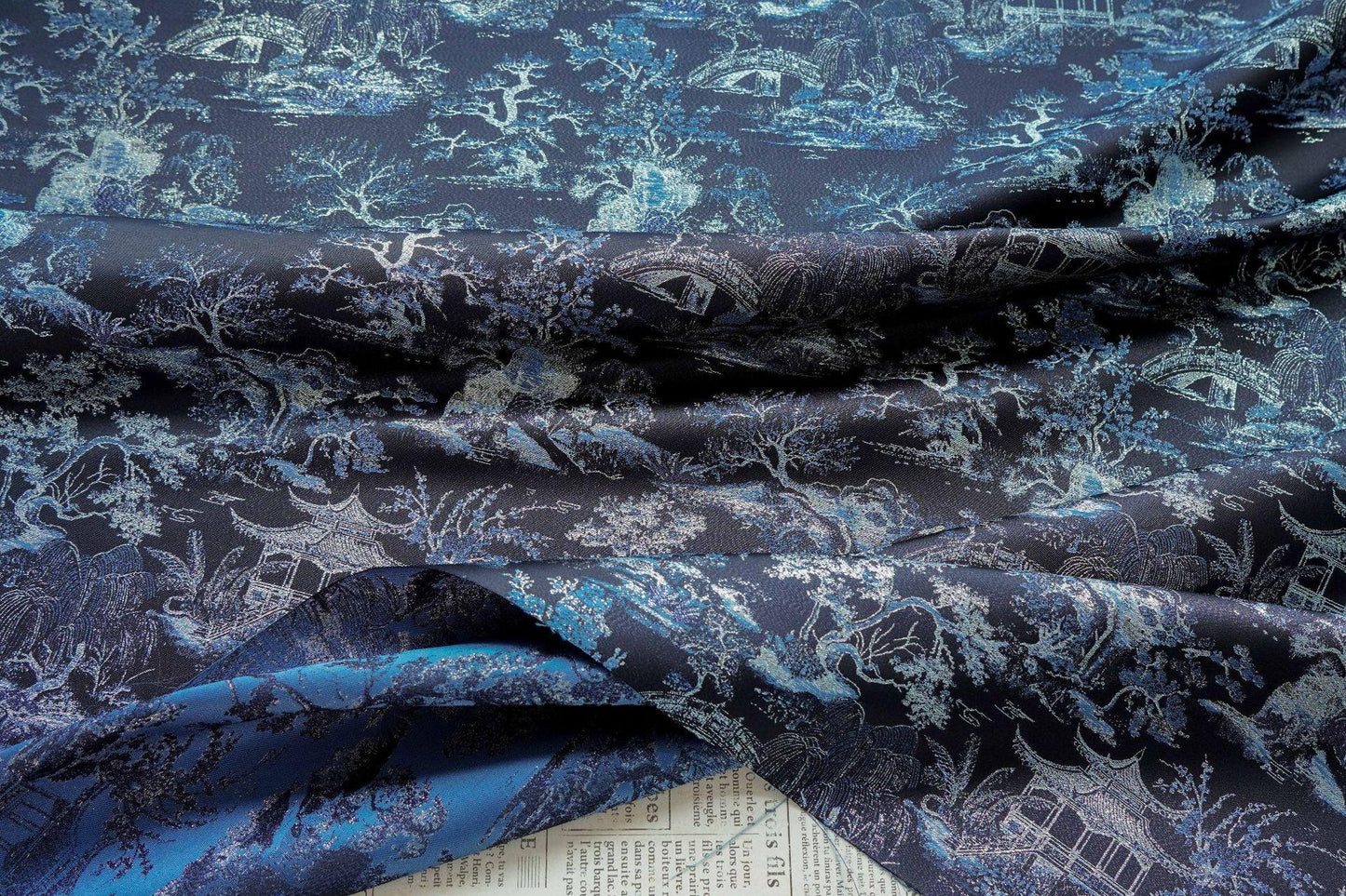 Black Blue Pavilion Landscape Song Brocade Fabric, Yarn-Dyed Jacquard Textile for Qipao, Jackets, Bags, Decor and Sewing, 59"Wide