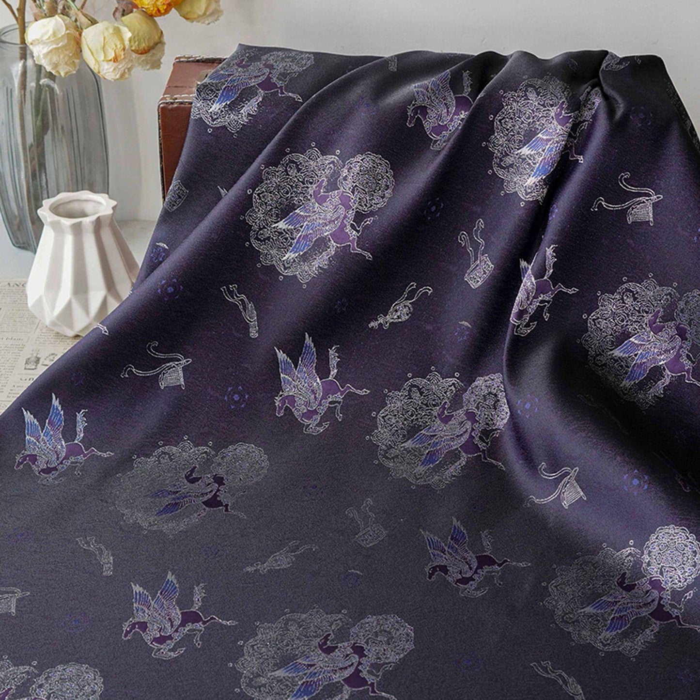Dark Purple Winged Horse Song Brocade Fabric, Yarn-Dyed Jacquard Textile for Qipao, Hanfu, Dresses, Jackets, Bags and Sewing, 59"Wide