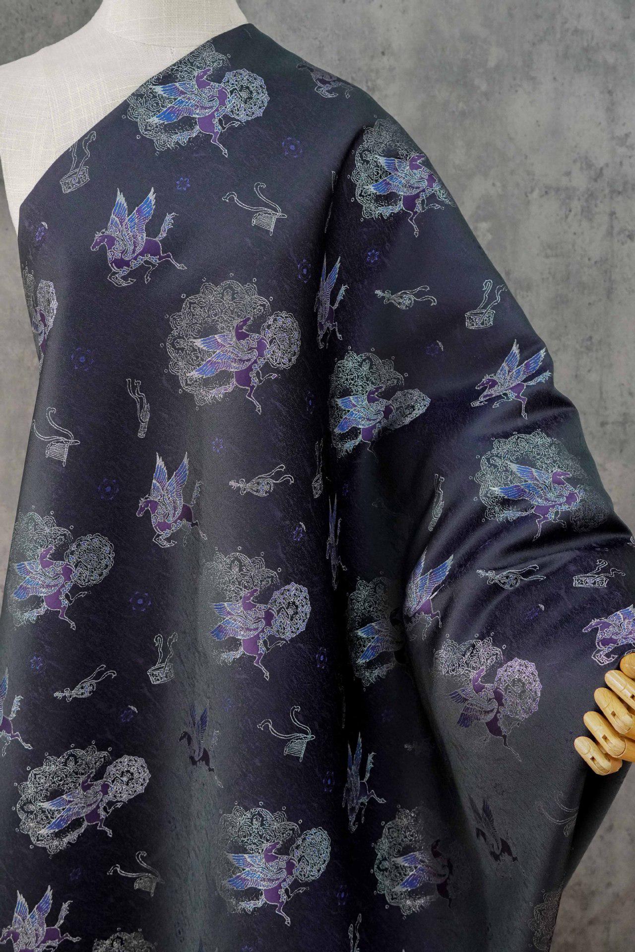 Dark Purple Winged Horse Song Brocade Fabric, Yarn-Dyed Jacquard Textile for Qipao, Hanfu, Dresses, Jackets, Bags and Sewing, 59"Wide