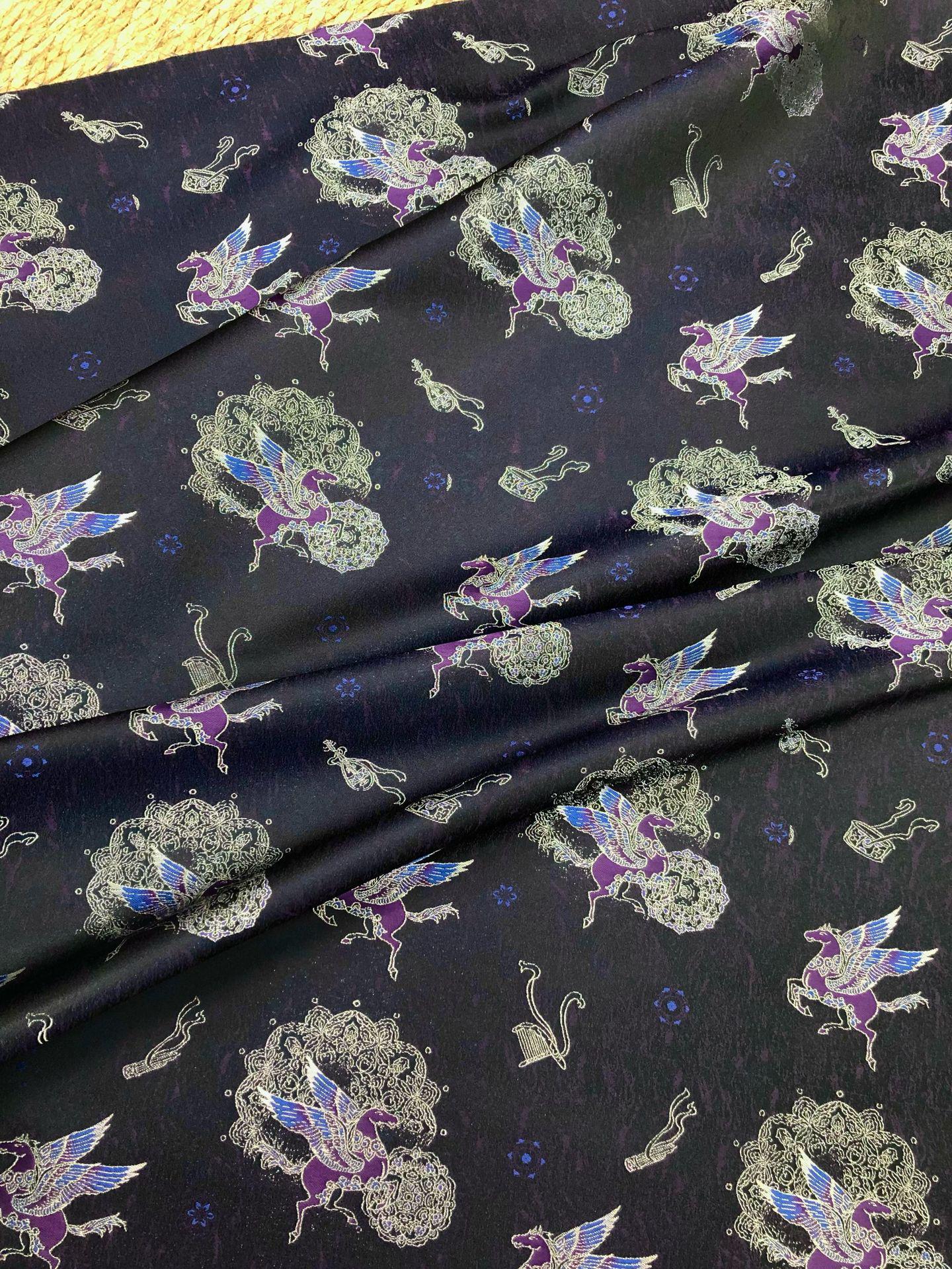Dark Purple Winged Horse Song Brocade Fabric, Yarn-Dyed Jacquard Textile for Qipao, Hanfu, Dresses, Jackets, Bags and Sewing, 59"Wide