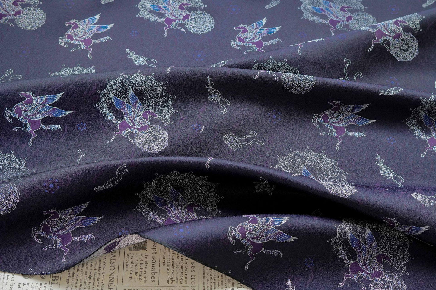 Dark Purple Winged Horse Song Brocade Fabric, Yarn-Dyed Jacquard Textile for Qipao, Hanfu, Dresses, Jackets, Bags and Sewing, 59"Wide
