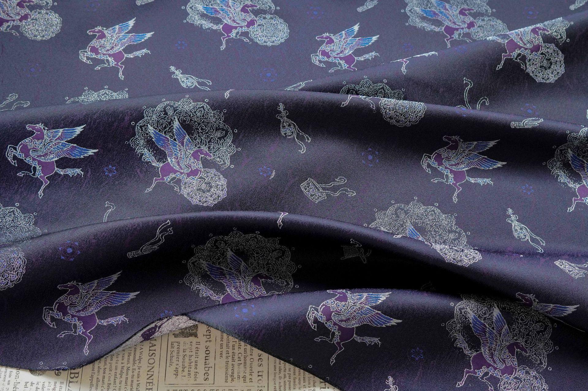 Dark Purple Winged Horse Song Brocade Fabric, Yarn-Dyed Jacquard Textile for Qipao, Hanfu, Dresses, Jackets, Bags and Sewing, 59"Wide