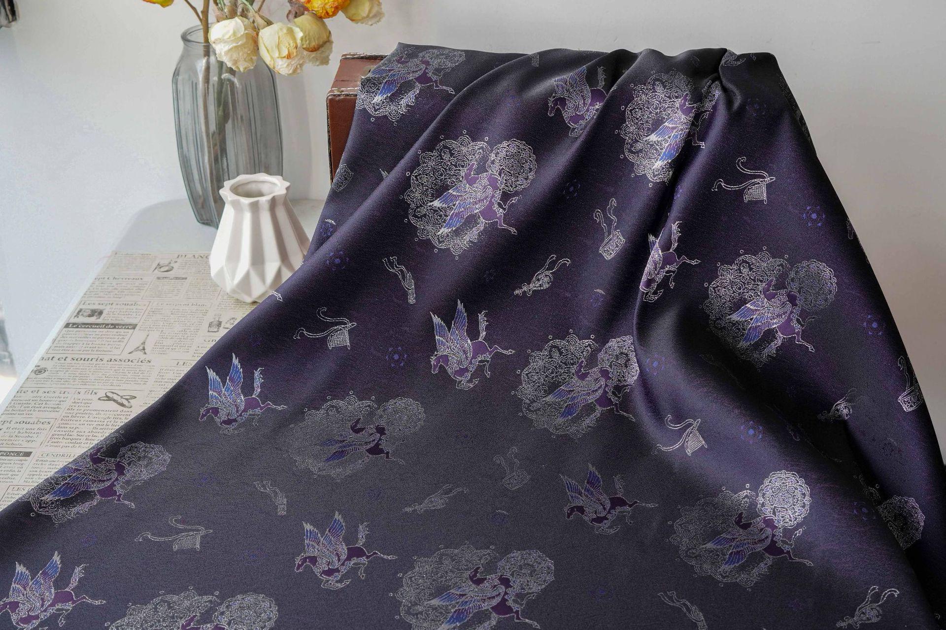 Dark Purple Winged Horse Song Brocade Fabric, Yarn-Dyed Jacquard Textile for Qipao, Hanfu, Dresses, Jackets, Bags and Sewing, 59"Wide