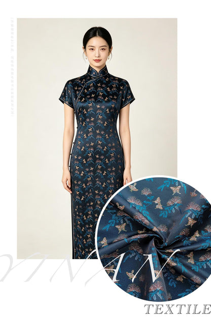 Reversible Butterfly Floral Song Brocade Fabric, Yarn-Dyed Jacquard Textile for Qipao, Hanfu, Dresses, Bags and Sewing, 59"Wide