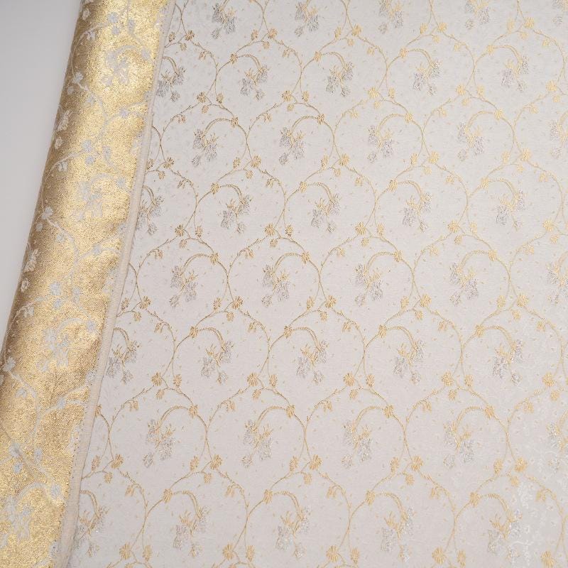 Lily of the Valley Vine Brocade Jacquard Fabric, Gold Metallic Floral Woven Textile for Bags, Pouches, Journals, Tea Mats and Sewing, 59"W