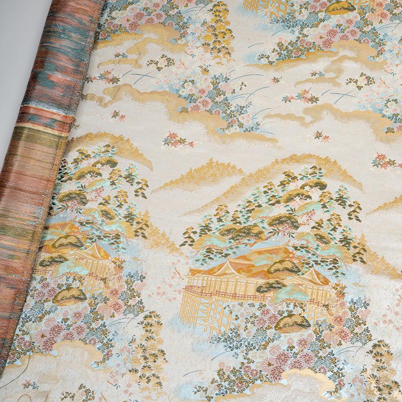 Garden Floral Landscape Brocade Jacquard Fabric, 3D Woven Textile for Kimono, Qipao, Hanfu, Jackets, Bags and Sewing, 59"W