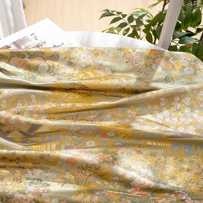 Garden Pavilion Floral Brocade Jacquard Fabric, 3D Scenic Woven Textile for Kimono, Hanfu, Qipao, Jackets, Bags and Sewing, 59"W