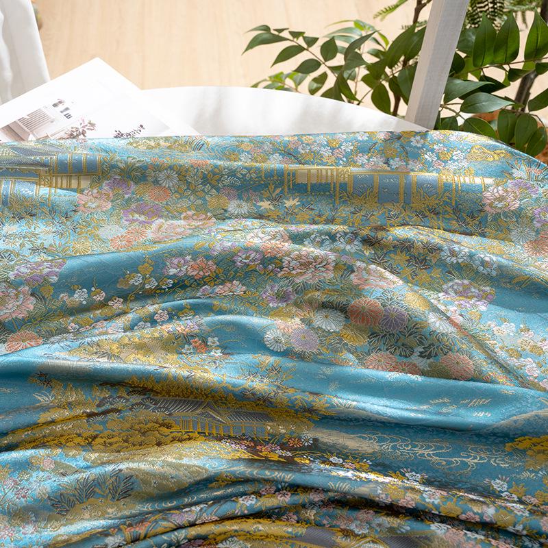 Garden Pavilion Floral Brocade Jacquard Fabric, 3D Scenic Woven Textile for Kimono, Hanfu, Qipao, Jackets, Bags and Sewing, 59"W