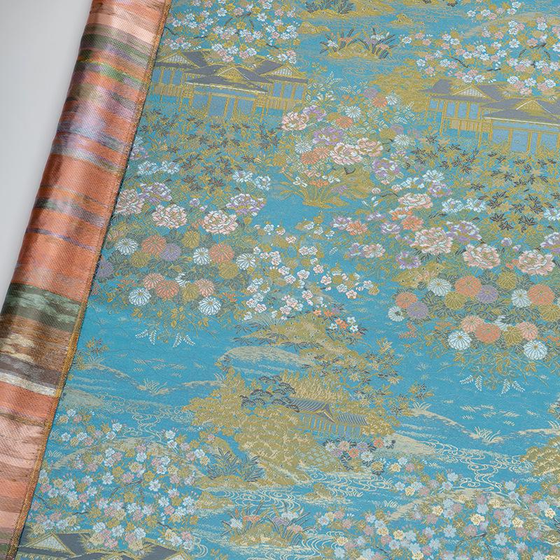 Garden Pavilion Floral Brocade Jacquard Fabric, 3D Scenic Woven Textile for Kimono, Hanfu, Qipao, Jackets, Bags and Sewing, 59"W