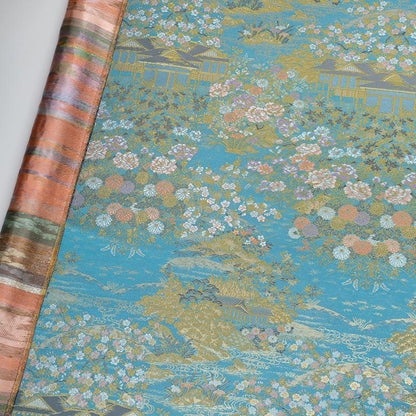 Garden Pavilion Floral Brocade Jacquard Fabric, 3D Scenic Woven Textile for Kimono, Hanfu, Qipao, Jackets, Bags and Sewing, 59"W