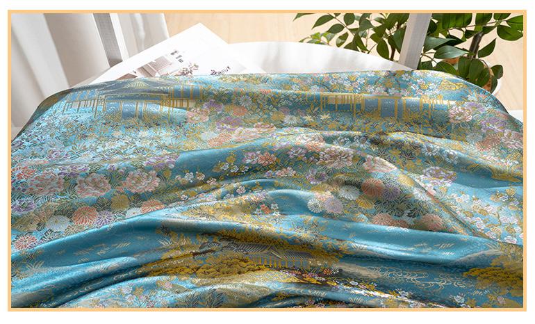 Garden Pavilion Floral Brocade Jacquard Fabric, 3D Scenic Woven Textile for Kimono, Hanfu, Qipao, Jackets, Bags and Sewing, 59"W