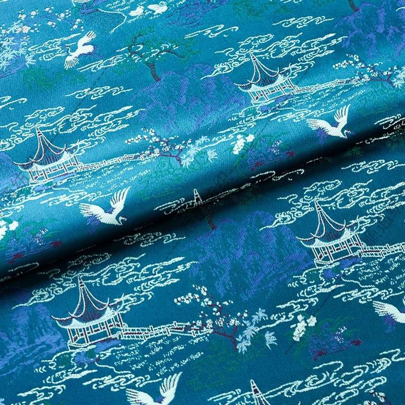 Teal Crane Pavilion Brocade Fabric, Scenic Landscape Jacquard Textile for Qipao, Hanfu, Jackets, Bags, Home Decor and Sewing, 59"