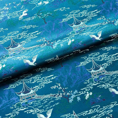 Teal Crane Pavilion Brocade Fabric, Scenic Landscape Jacquard Textile for Qipao, Hanfu, Jackets, Bags, Home Decor and Sewing, 59"