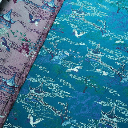 Teal Crane Pavilion Brocade Fabric, Scenic Landscape Jacquard Textile for Qipao, Hanfu, Jackets, Bags, Home Decor and Sewing, 59"