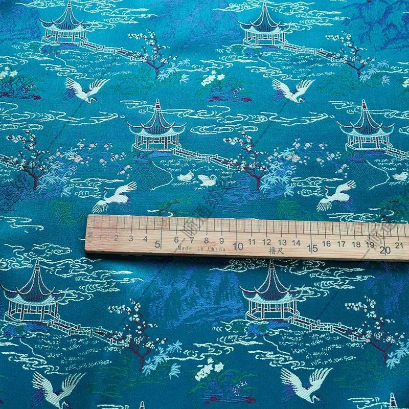 Teal Crane Pavilion Brocade Fabric, Scenic Landscape Jacquard Textile for Qipao, Hanfu, Jackets, Bags, Home Decor and Sewing, 59"
