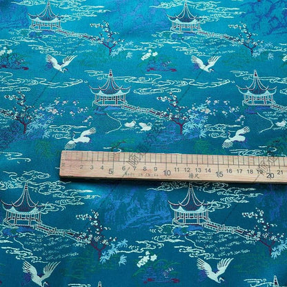 Teal Crane Pavilion Brocade Fabric, Scenic Landscape Jacquard Textile for Qipao, Hanfu, Jackets, Bags, Home Decor and Sewing, 59"