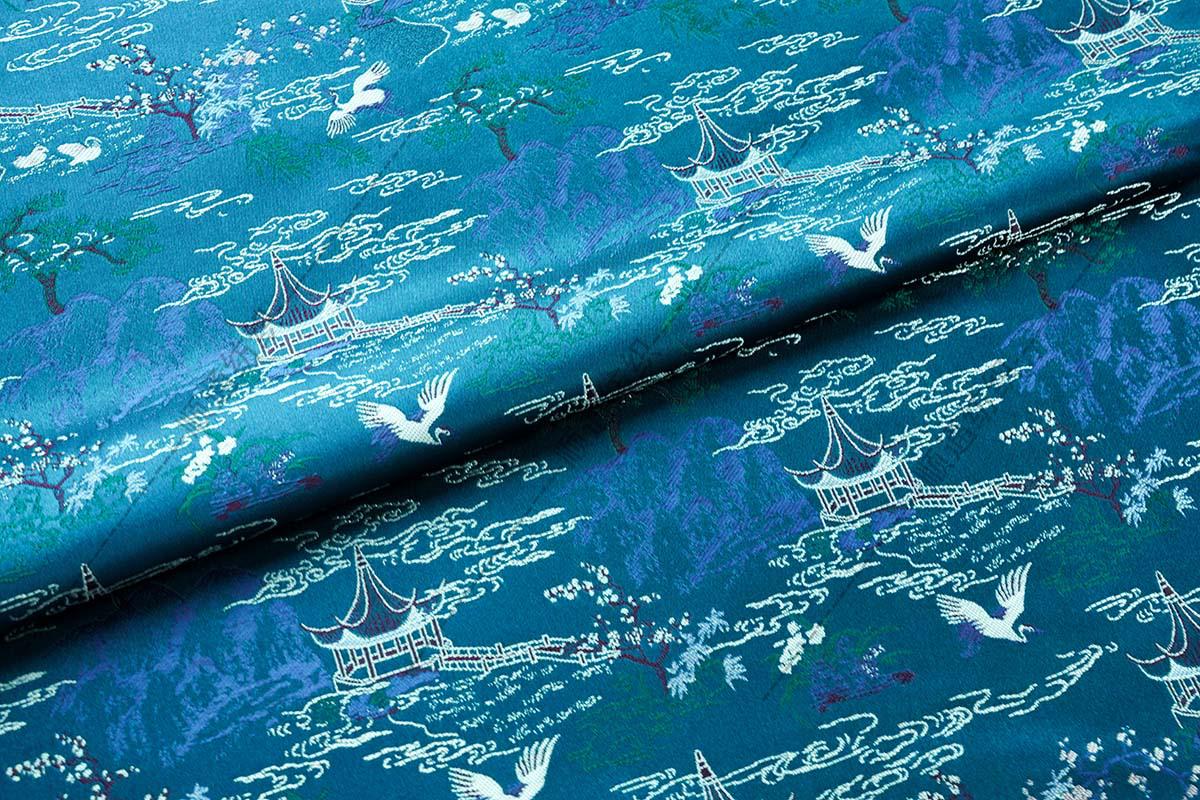 Teal Crane Pavilion Brocade Fabric, Scenic Landscape Jacquard Textile for Qipao, Hanfu, Jackets, Bags, Home Decor and Sewing, 59"