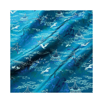 Teal Crane Pavilion Brocade Fabric, Scenic Landscape Jacquard Textile for Qipao, Hanfu, Jackets, Bags, Home Decor and Sewing, 59"