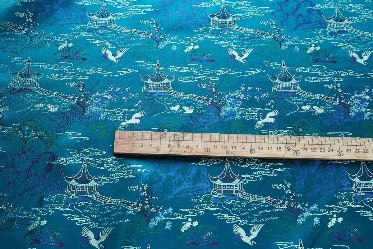 Teal Crane Pavilion Brocade Fabric, Scenic Landscape Jacquard Textile for Qipao, Hanfu, Jackets, Bags, Home Decor and Sewing, 59"