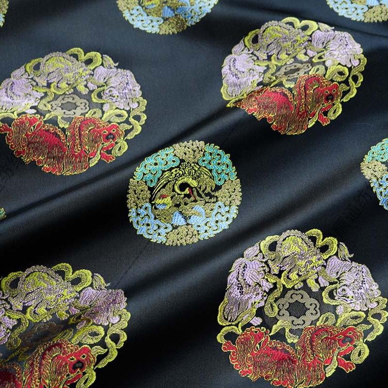 Black Multicolor Animal Medallion Brocade Jacquard Fabric, Ornamental Woven Textile for Qipao, Jackets, Bags, Decor and Sewing, 59"