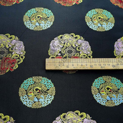 Black Multicolor Animal Medallion Brocade Jacquard Fabric, Ornamental Woven Textile for Qipao, Jackets, Bags, Decor and Sewing, 59"