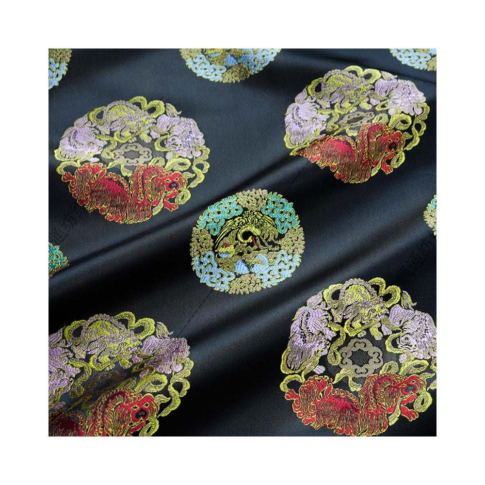 Black Multicolor Animal Medallion Brocade Jacquard Fabric, Ornamental Woven Textile for Qipao, Jackets, Bags, Decor and Sewing, 59"