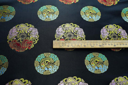 Black Multicolor Animal Medallion Brocade Jacquard Fabric, Ornamental Woven Textile for Qipao, Jackets, Bags, Decor and Sewing, 59"