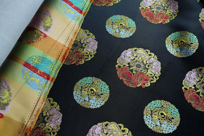 Black Multicolor Animal Medallion Brocade Jacquard Fabric, Ornamental Woven Textile for Qipao, Jackets, Bags, Decor and Sewing, 59"