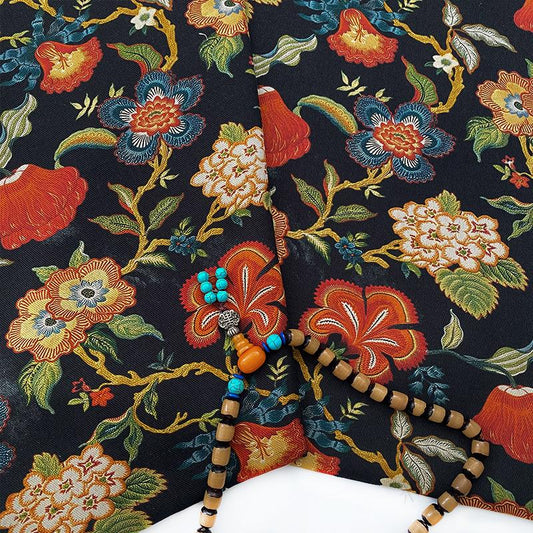Black Multicolor Floral High-Density Twill Fabric, Double-Layer Printed Textile for Dresses, Jackets, Bags, Home Decor and Sewing, 59"Wide