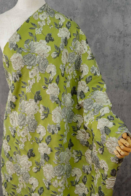 Lime Green & Silver 3D Embossed Floral Yarn-Dyed Fabric, Textured Woven Textile for Dresses, Jackets, Skirts, Bags and Sewing - 55"W