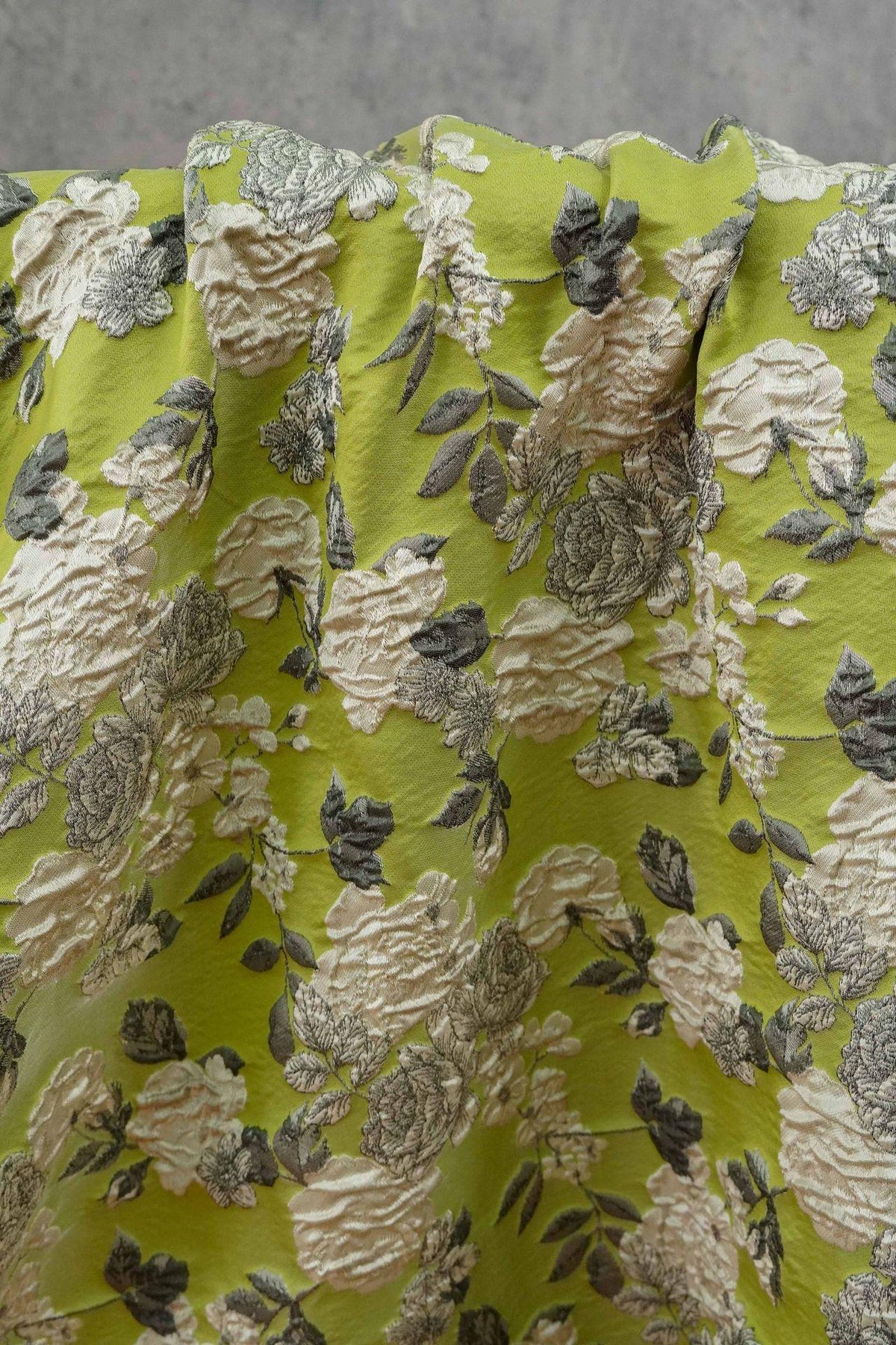 Lime Green & Silver 3D Embossed Floral Yarn-Dyed Fabric, Textured Woven Textile for Dresses, Jackets, Skirts, Bags and Sewing - 55"W