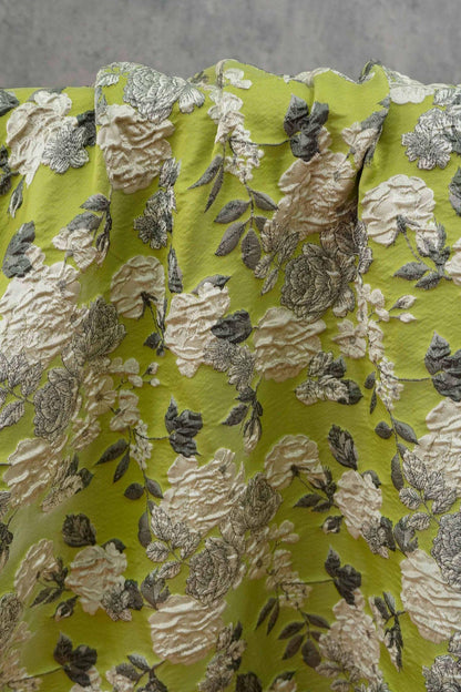 Lime Green & Silver 3D Embossed Floral Yarn-Dyed Fabric, Textured Woven Textile for Dresses, Jackets, Skirts, Bags and Sewing - 55"W