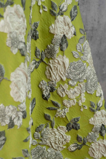 Lime Green & Silver 3D Embossed Floral Yarn-Dyed Fabric, Textured Woven Textile for Dresses, Jackets, Skirts, Bags and Sewing - 55"W
