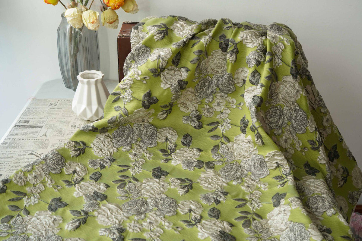 Lime Green & Silver 3D Embossed Floral Yarn-Dyed Fabric, Textured Woven Textile for Dresses, Jackets, Skirts, Bags and Sewing - 55"W