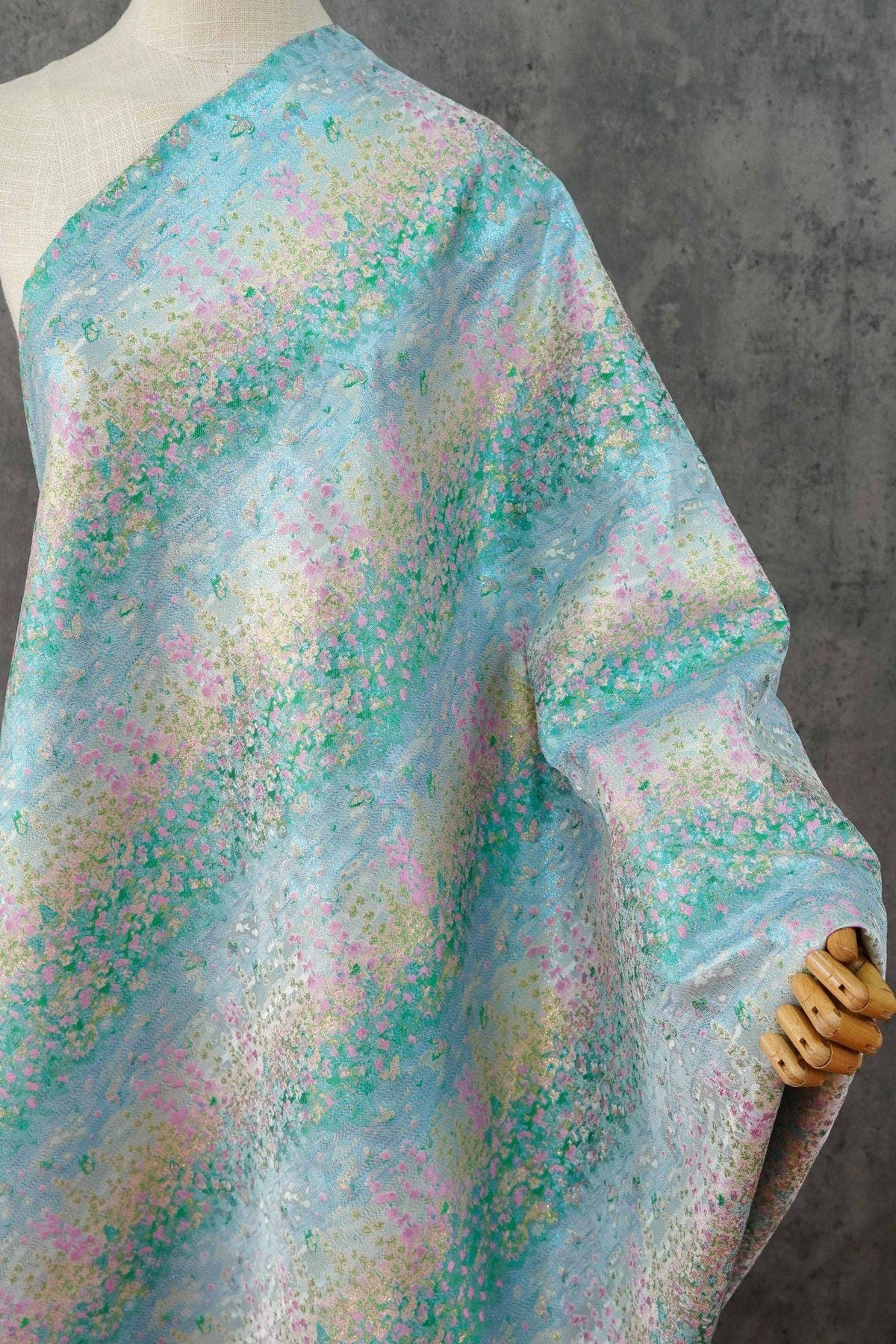 Pastel Blue Pink Floral Gold Thread Jacquard Fabric, Painterly Botanical Woven Textile for Dresses, Bags, Decor and Sewing - 59"W