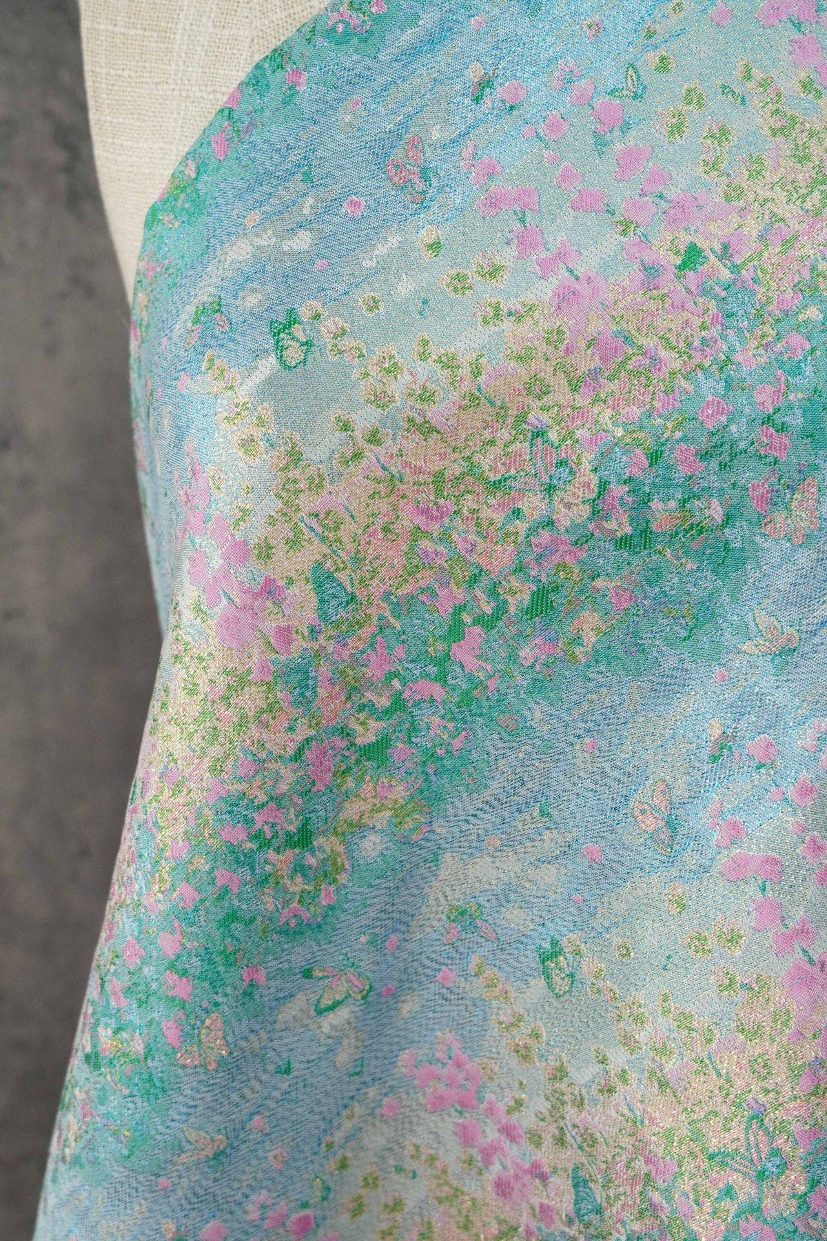 Pastel Blue Pink Floral Gold Thread Jacquard Fabric, Painterly Botanical Woven Textile for Dresses, Bags, Decor and Sewing - 59"W
