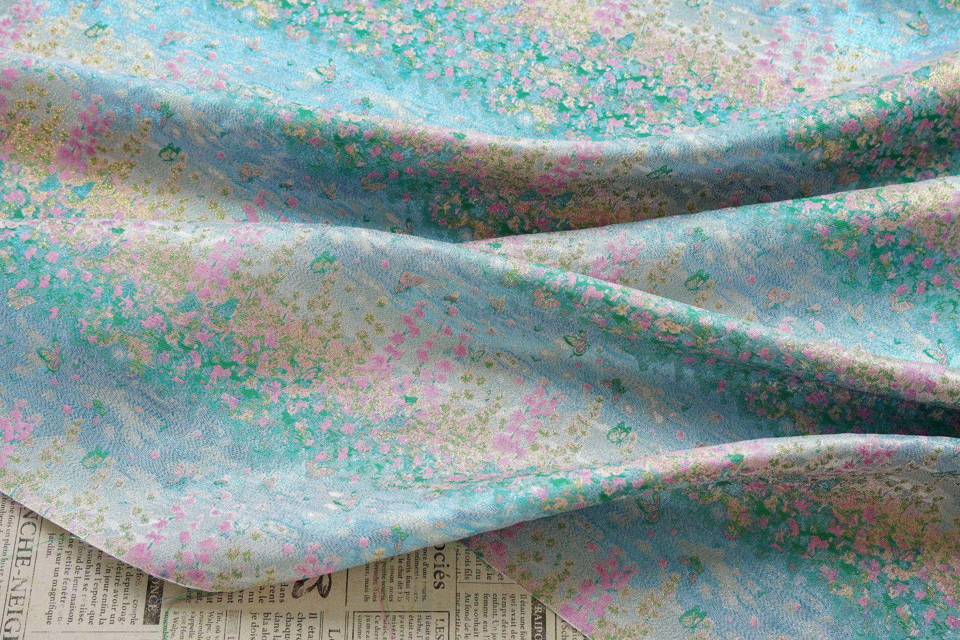 Pastel Blue Pink Floral Gold Thread Jacquard Fabric, Painterly Botanical Woven Textile for Dresses, Bags, Decor and Sewing - 59"W