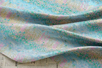 Pastel Blue Pink Floral Gold Thread Jacquard Fabric, Painterly Botanical Woven Textile for Dresses, Bags, Decor and Sewing - 59"W
