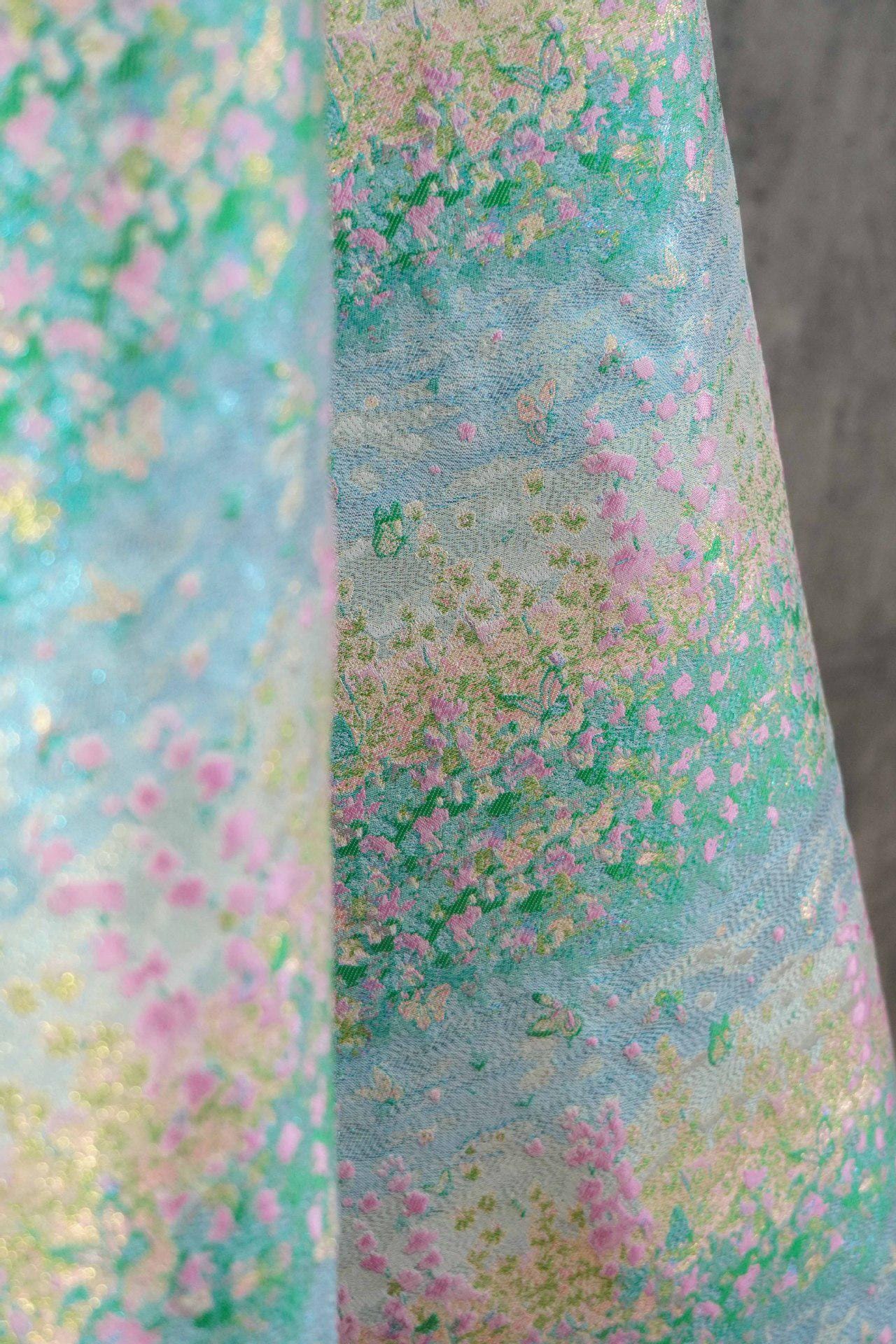 Pastel Blue Pink Floral Gold Thread Jacquard Fabric, Painterly Botanical Woven Textile for Dresses, Bags, Decor and Sewing - 59"W