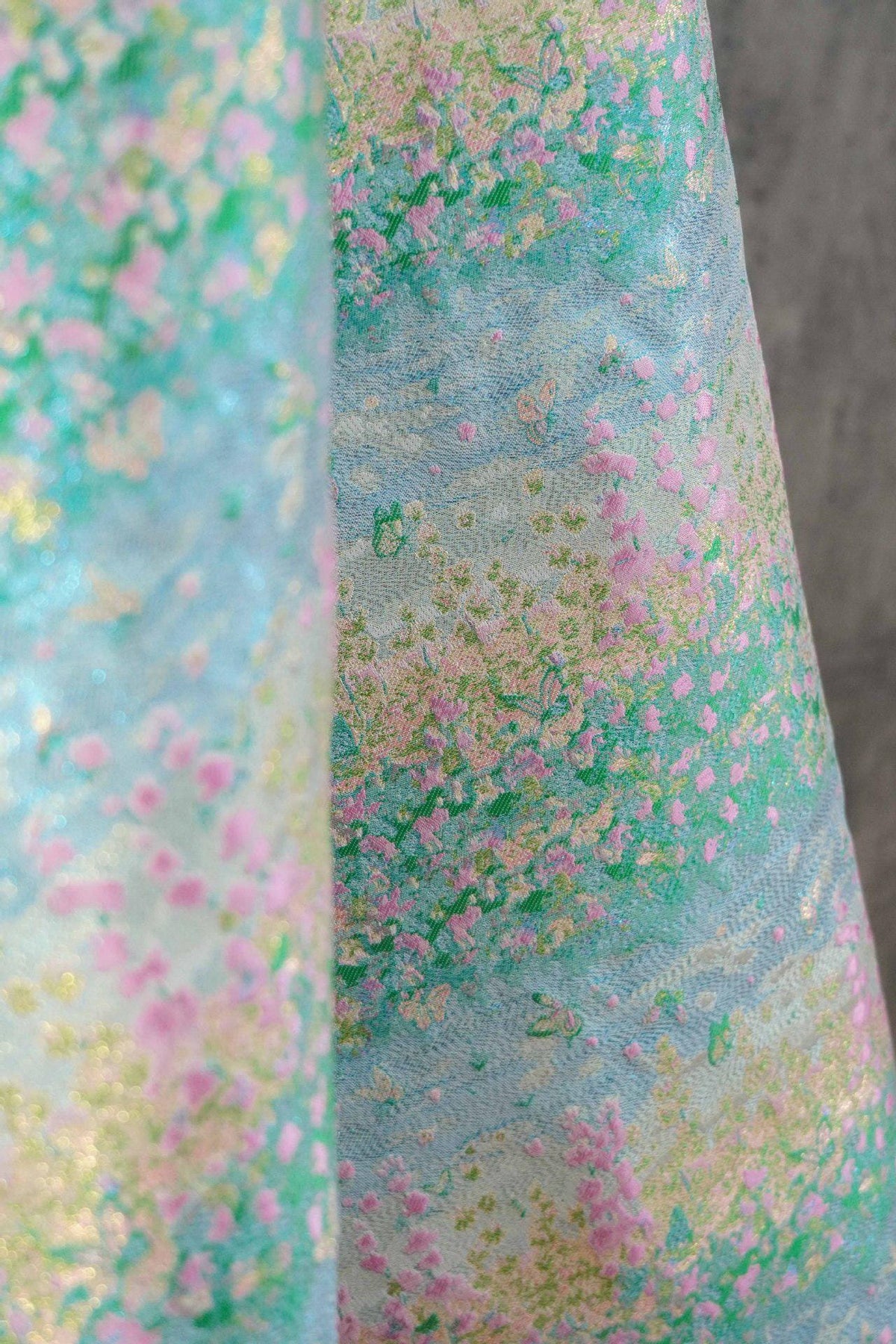 Pastel Blue Pink Floral Gold Thread Jacquard Fabric, Painterly Botanical Woven Textile for Dresses, Bags, Decor and Sewing - 59"W