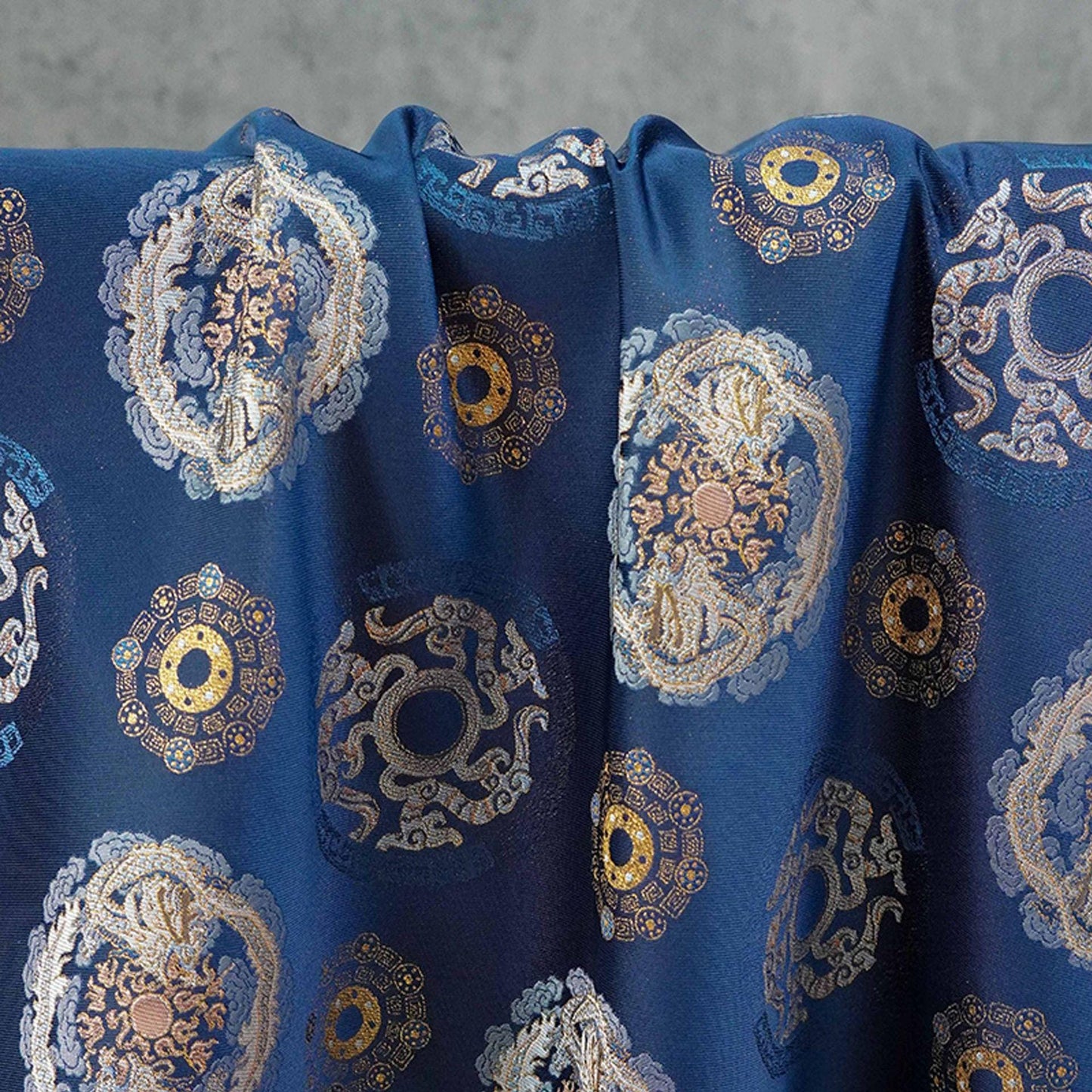 Navy Dragon Medallion Song Brocade Fabric, Yarn-Dyed Jacquard Textile for Qipao, Jackets, Bags, Home Decor and Sewing, 59"Wide